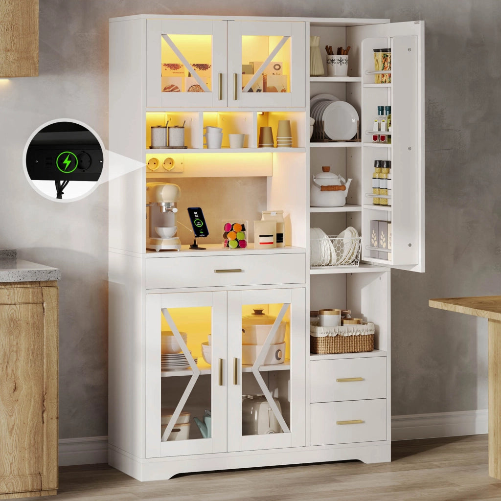 Mobile buffet ULEVR 105x40x185 cm con LED multicolore via app, prese e USB, vetrina in MDF bianco