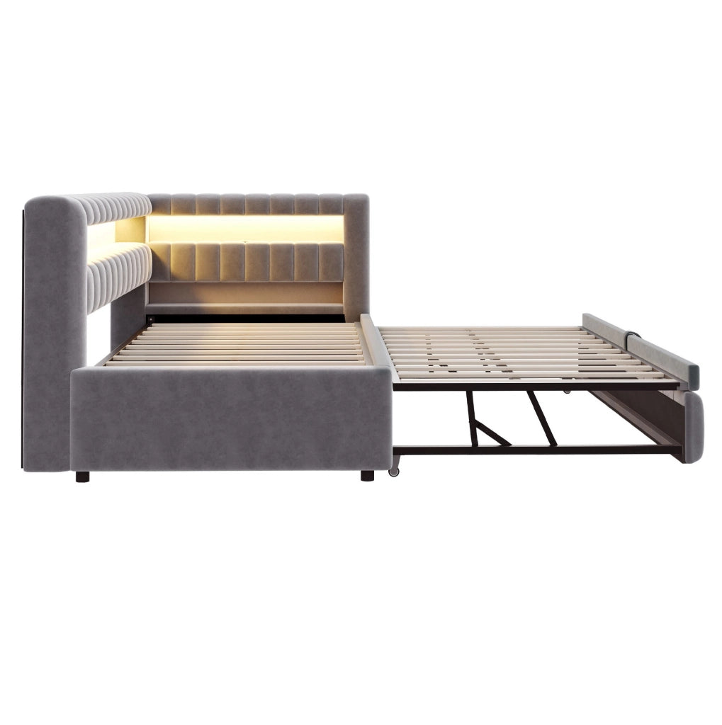 Divano letto 90x200 cm estraibile; con LED e porte USB; in velluto grigio