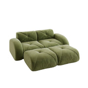 Divano modulare 2 posti con 2 pouf; schiuma 32D; tessuto chenille; verde