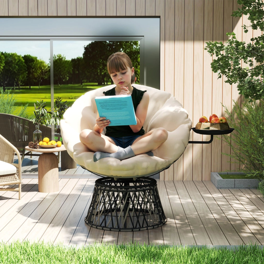 Poltrona Papasan in rattan che ruota a 360°; cuscino rotondo diametro 90 cm; Beige; mobili da giardino comodi