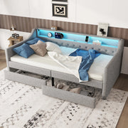 LETTO Giorno 90x200 cm in lino e MDF grigio con LED, USB e 2 cassetti