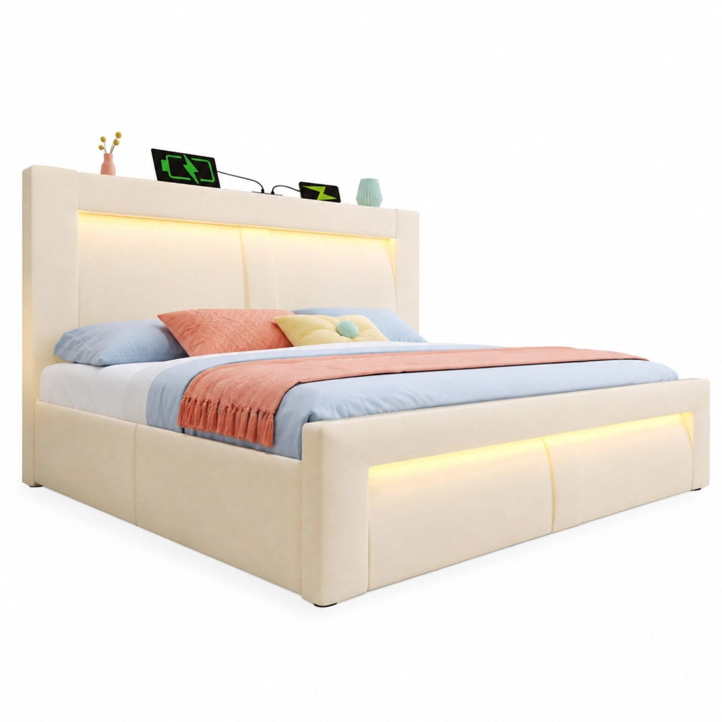 Letto matrimoniale 180x200 cm con contenitore, LED e porte USB, in velluto beige