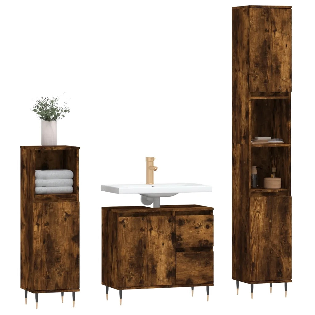 Set Mobili da Bagno | Armadio da bagno 3 pz Rovere Fumo in Legno Multistrato