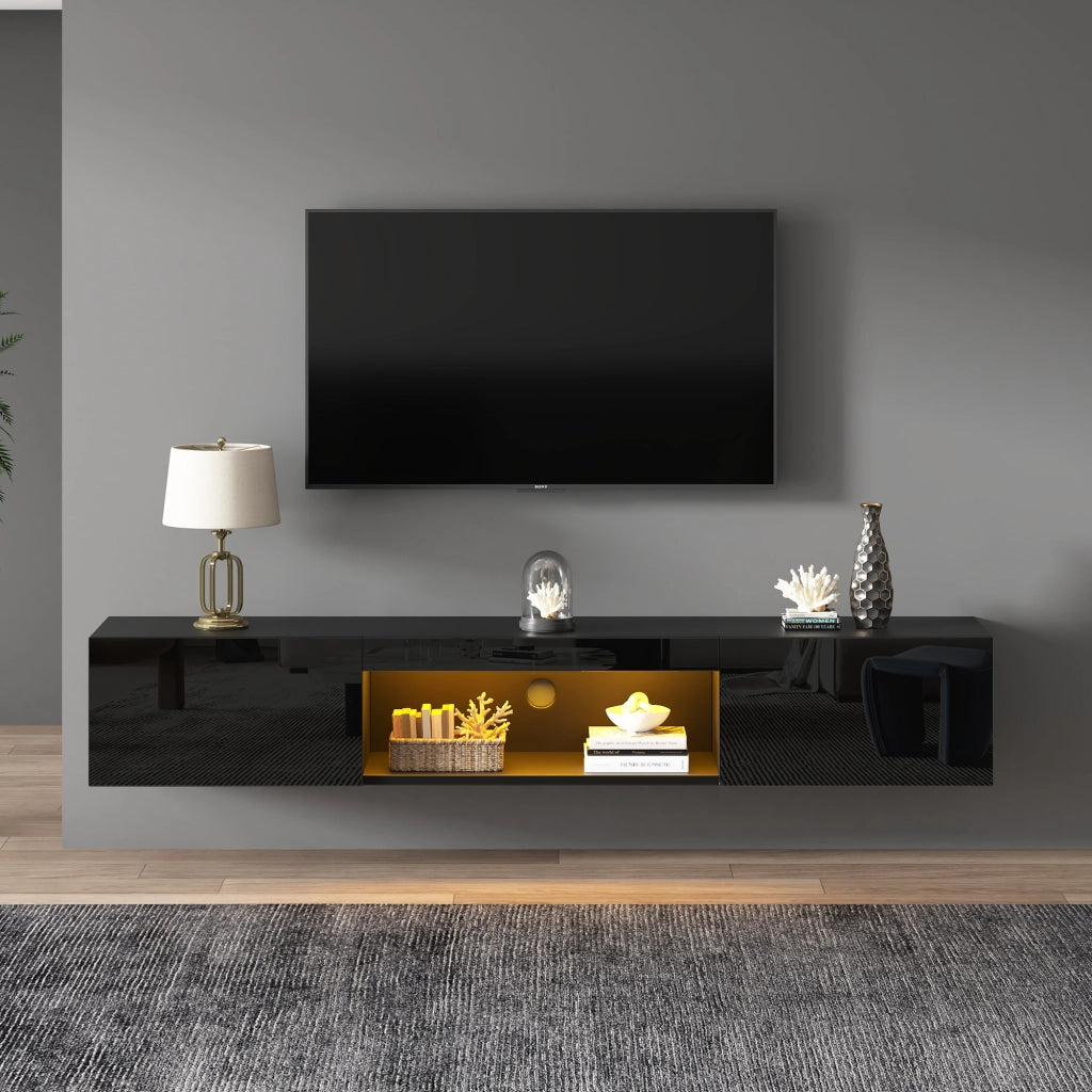 Mobile TV sospeso con 2 ante; vani aperti e LED - per soggiorno - 160x31x22 cm - nero