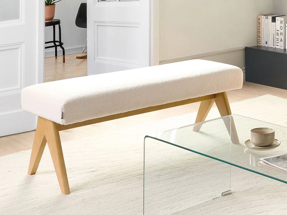 Panca Boucle bianco sporco e marrone chiaro con gambe in legno imbottite Panca per corridoio e panca da letto