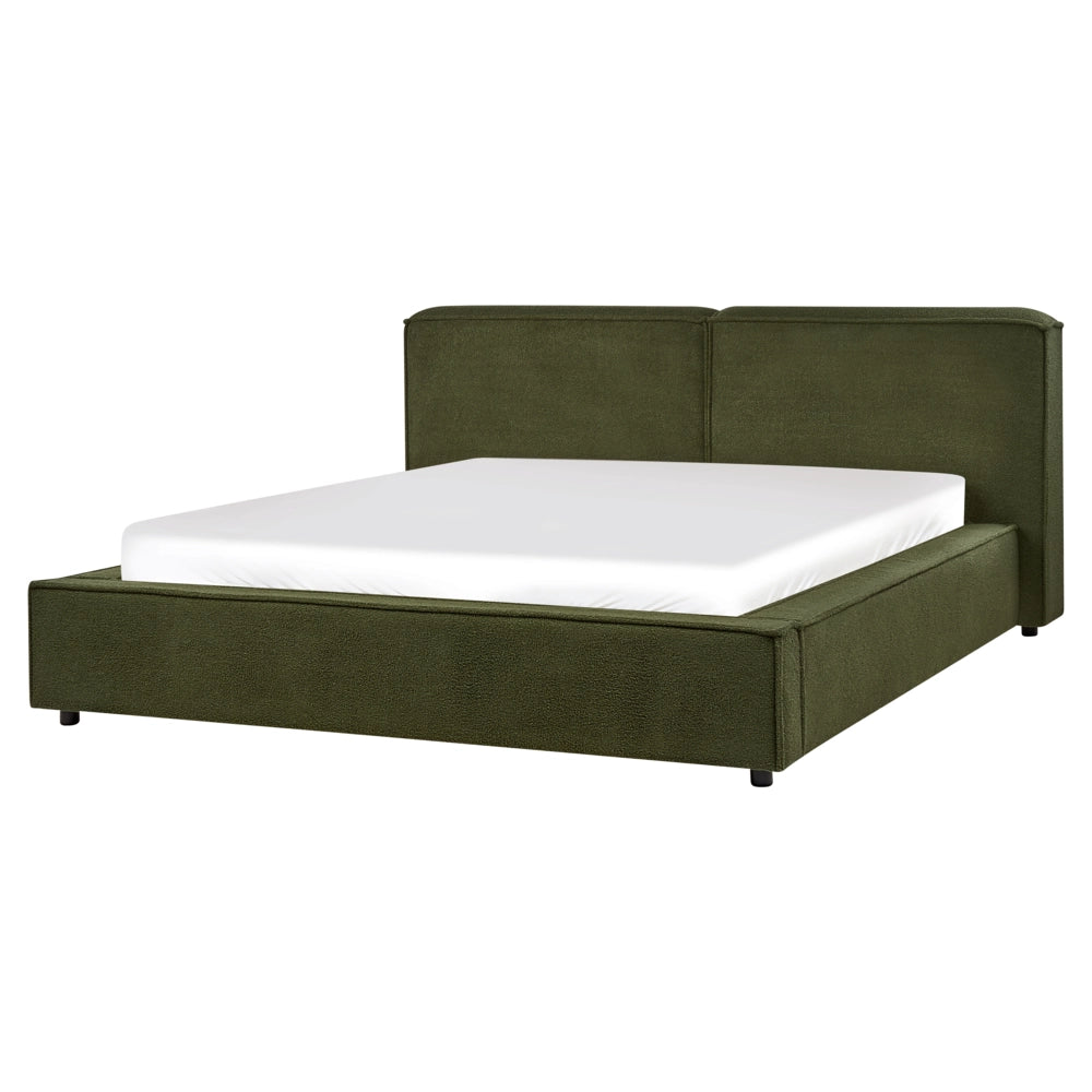 Letto King Size EU con rivestimento in bouclè verde e rete a doghe 160 x 200 cm con spessa testiera imbottita e pediera