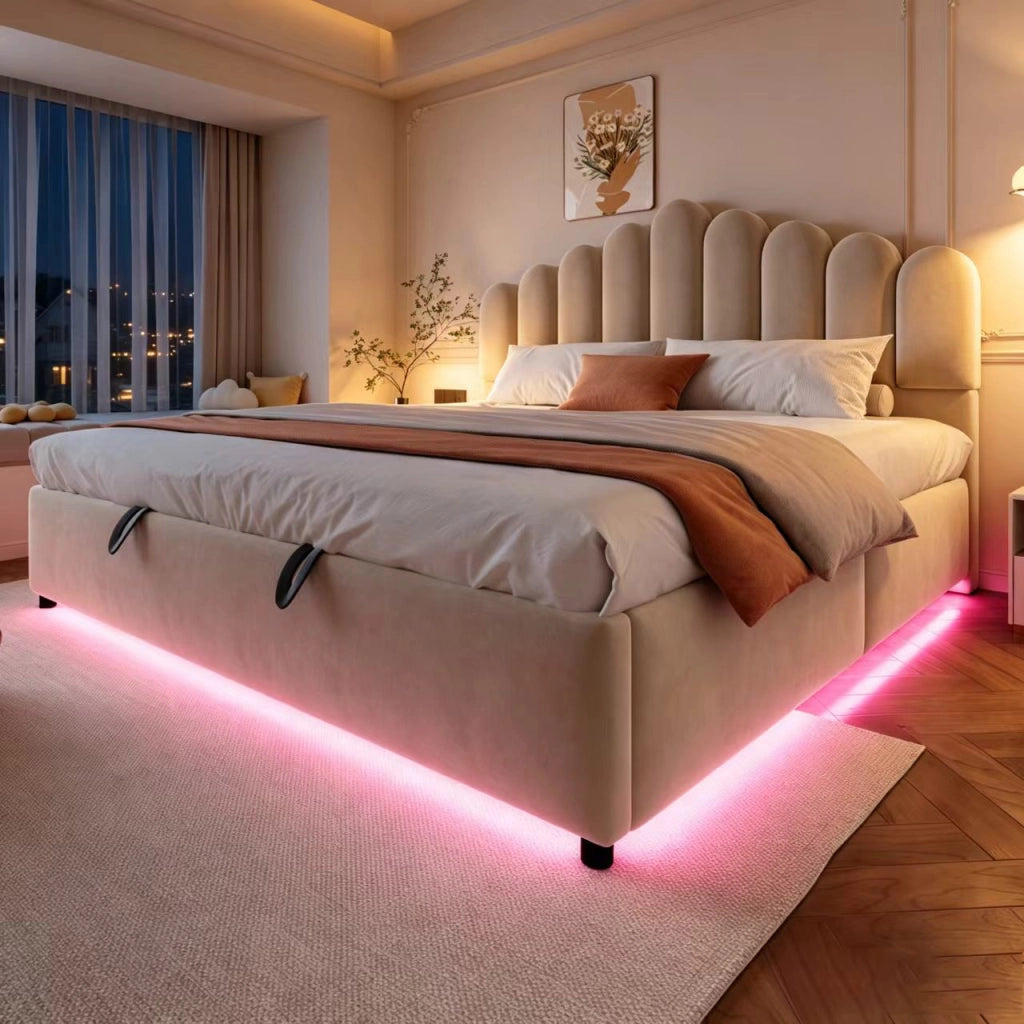 Letto imbottito 180x200 cm con contenitore idraulico, testiera trapuntata, LED e struttura in velluto beige