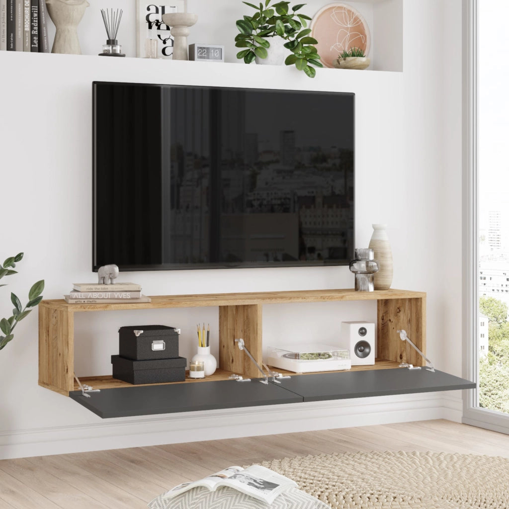 Mobile Porta TV Lapinlahti con 2 Ante a Ribalta Consolle da Parete 140 cm - Rovere Rustico / Antracite [en.casa]