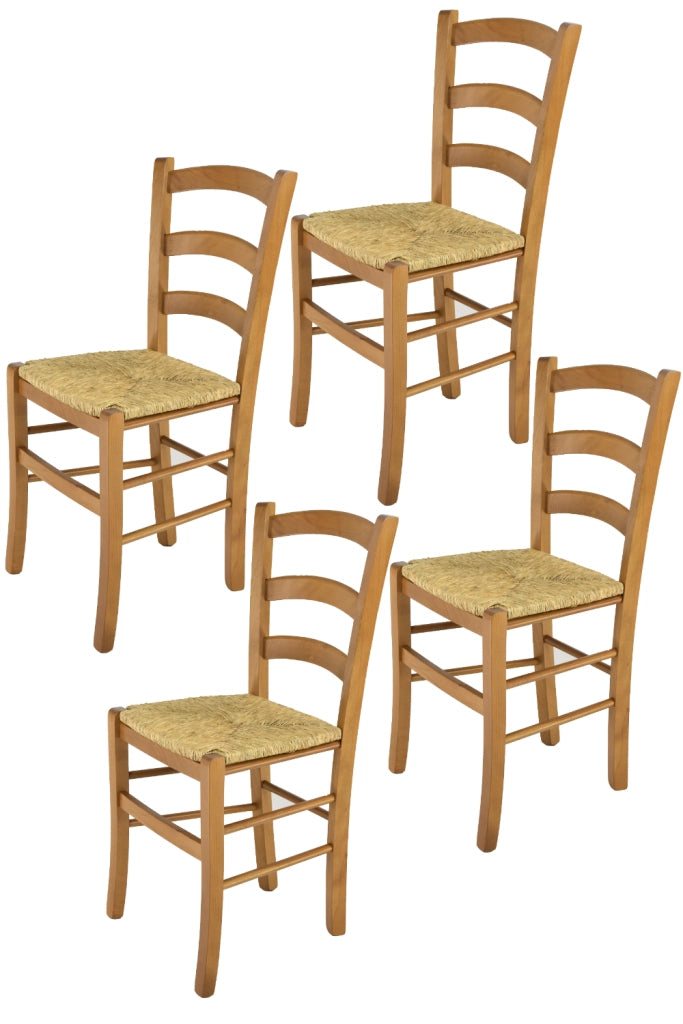 Set 4 Sedie Venice Tommychairs, robusta struttura in legno di faggio verniciata in rovere e seduta in paglia