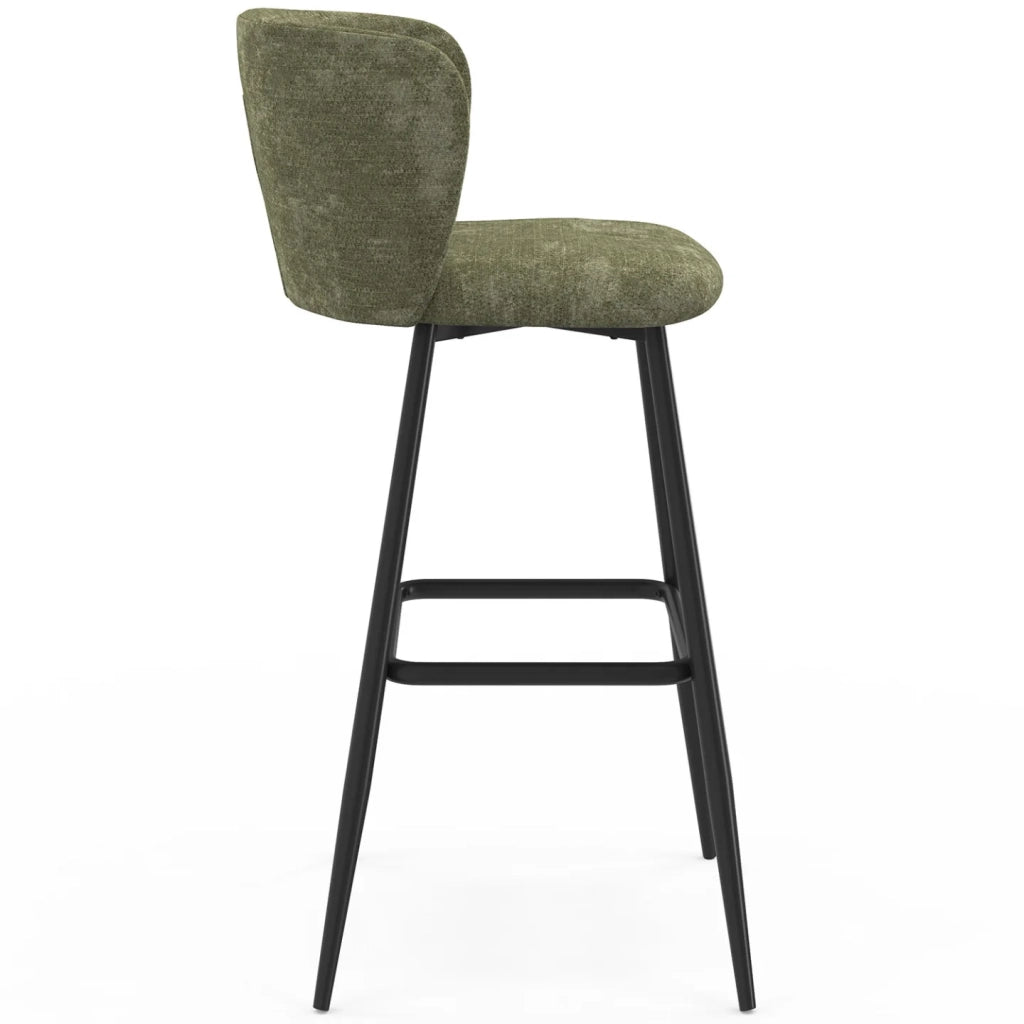 IDMarket - Set di 4 sgabelli da bar FANNY con seduta in ciniglia verde kaki e gambe in metallo nero
