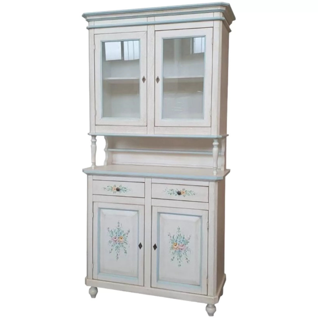 Cristalliera in legno 2 ante bianco invecchiato/decori filo azzurro104x43x208 - Mobili 2G