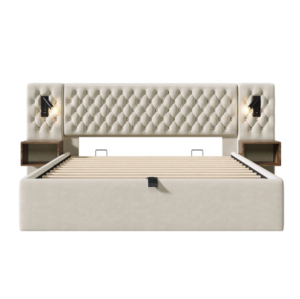 Letto contenitore ULEVR 180x200 cm con 2 comodini, luci LED, USB e Type-C, velluto beige
