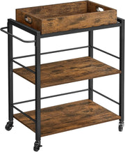 VASAGLE Carrello da Cucina con Vassoio Rimovibile, Carrello Portavivande Fisso o con Ruote, Struttura in Acciaio, Scaffale Cucina 40 x 72 x 86 cm, Marrone Vintage e Nero Inchiostro LRC72X