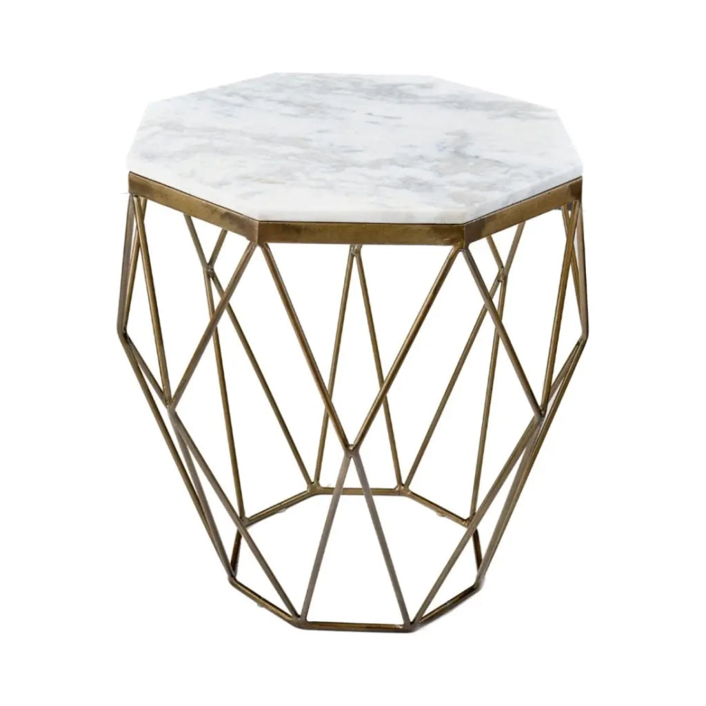 Tavolino basso NEXORA 50 cm in marmo bianco e ferro ottone design geometrico