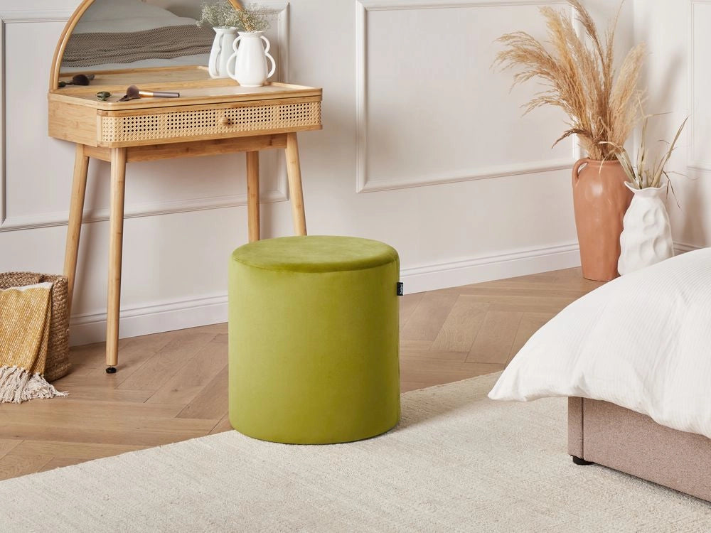 Pouf ottomana poggiapiedi rotondo in velluto di colore verde oliva stile moderno soggiorno
