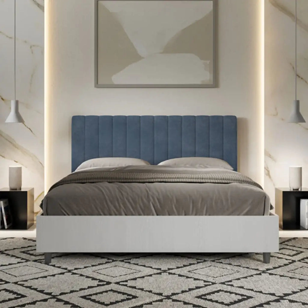 Letto matrimoniale contenitore 160x190 bianco frassino testata microfibra blu Kaia