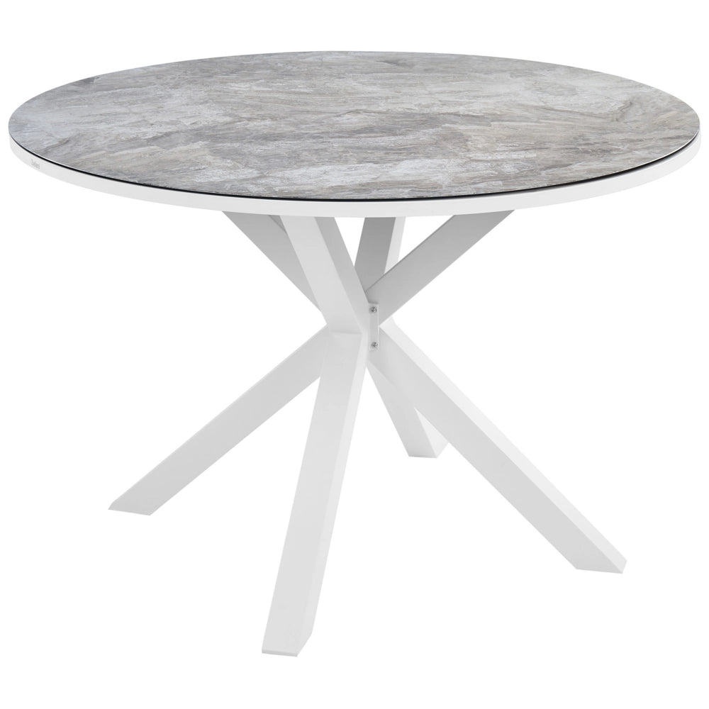Tavolo da giardino in alluminio con gambe in alluminio e piano con effetto marmo bianco stile moderno