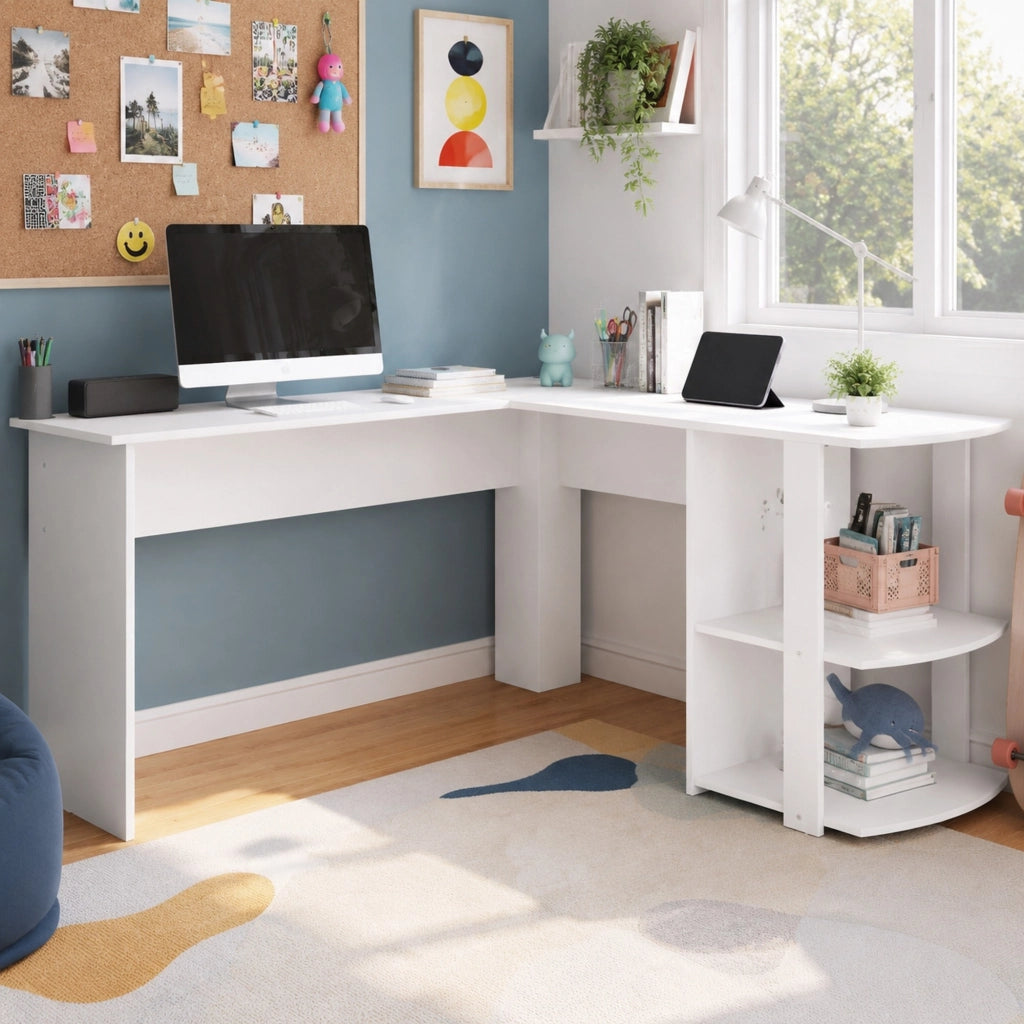 Scrivania angolare a L per ufficio con 2 ripiani e passacavi bianca 75 × 140 × 140 cm