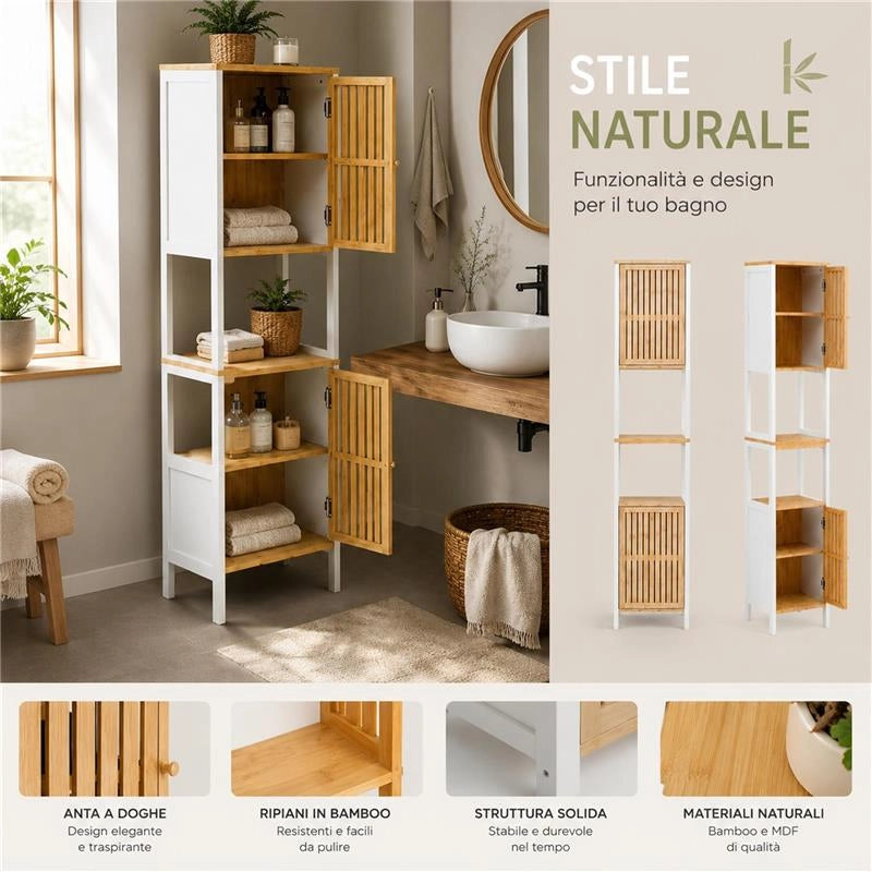 MOBILE DA BAGNO IN LEGNO CON 2 ANTE E RIPIANO IN BAMBOO COLORE BIANCO DIMENSIONI 32X30X173 CM