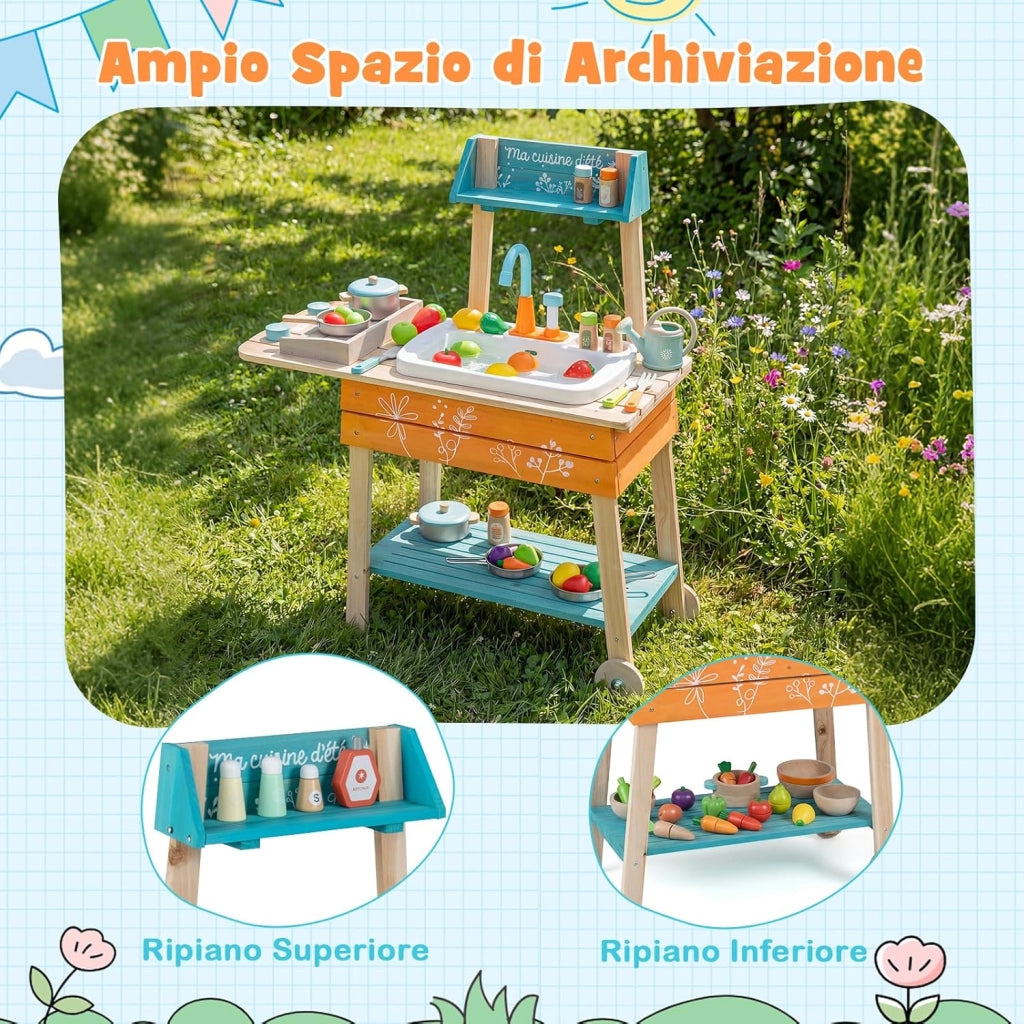 Cucina Giocattolo per Bambini, Cucinatta in Legno da Esterno con 2 Ruote, Griglia, Manopole Girevoli, Lavandino e Rubinetto, Cucina da Fango Interattiva con Accessori per Bambini 3+ Anni