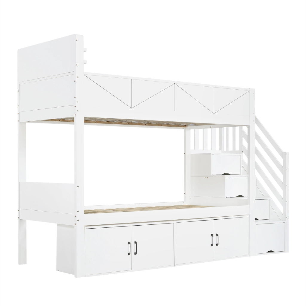 Letto a Castello 90x200 cm; 2 Posti - Scala con Contenitore e Ripiani; in Legno; Bianco