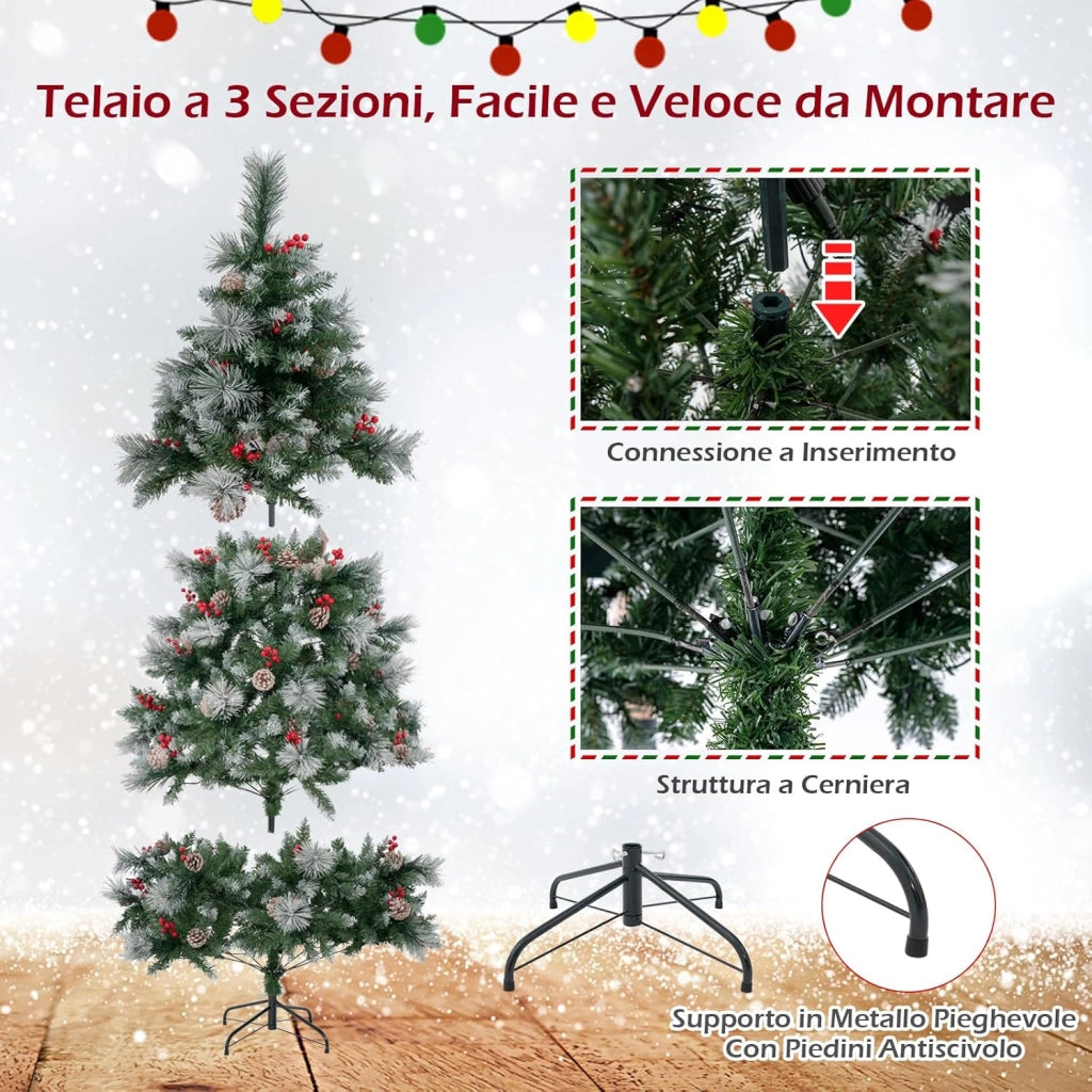 Albero di Natale Innevato 185/215 cm Pre-Illuminato e Incernierato, con 747/1116 Punte, 350/400 Luci LED, 55/70 Pigne, 55/70 Bacche Rosse e 11 Modalità di Illuminazione (185 cm)