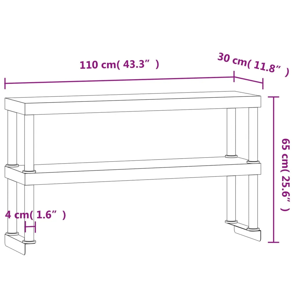 Ripiano per Tavolo da Lavoro 2 Piani 110x30x65 cm Acciaio Inox 376449