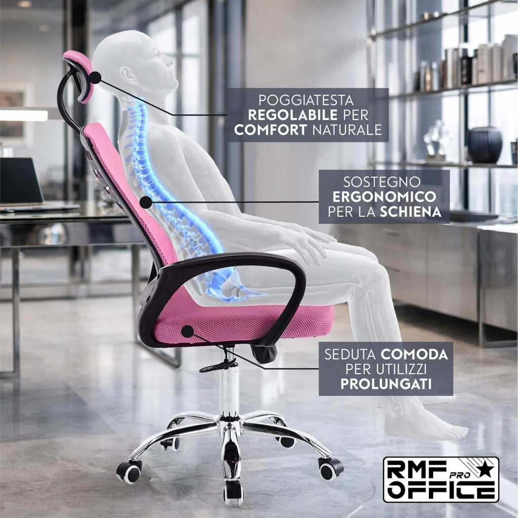 RMF Sedia Ufficio Ergonomica Professionale Reclinabile, Sedia Scrivania in Rete con Seduta Comoda e Rilassante - Poltrona Relax Ufficio con Ruote Girevoli Altezza Regolabile ROSA