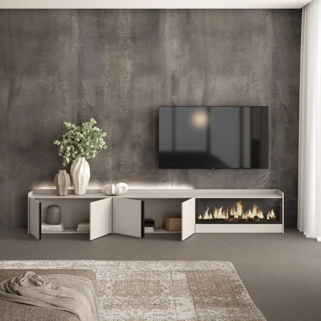 Mobile TV Soggiorno, 315x50x35 cm, Per TV fino a 80", Camino elettrico XXL, LED, Beige