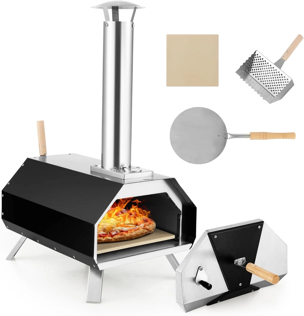 Forno per Pizza da Esterno con Ruote, Forno a Legna da Esterno con Copertura Protettiva, Pala per Pizza, Griglie e Pietra per Pizza, per BBQ, Campeggio e Festa (Modello 5)
