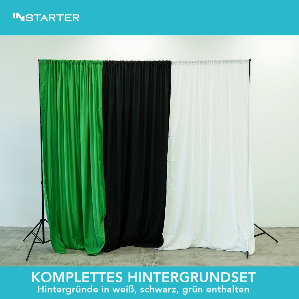 Instarter Sistema di sfondi largo 155-305 cm , sfondo fotografico in verde, bianco e nero, morsetti per fotografia e green screen, supporto per fondali in carta e tessuto