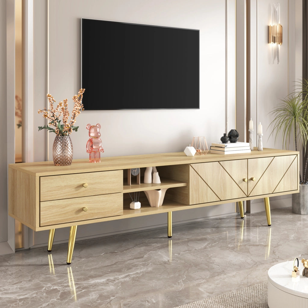 TV-Board 160 cm in legno con due cassetti, due ante e piedi metallici dorati