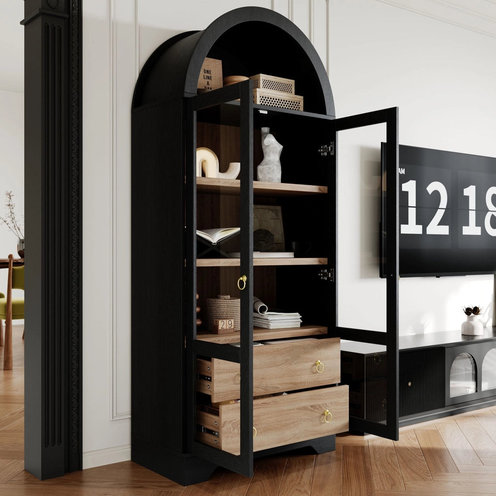 Vetrina, mobile da ingresso, credenza, ripiani regolabili, 2 cassetti, ante in vetro, nero