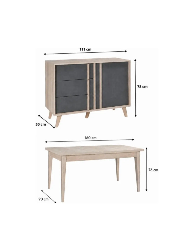 Sala da pranzo completa MALMO con tavolo 6 posti 160cm e buffet alto - Rovere chiaro e grigio