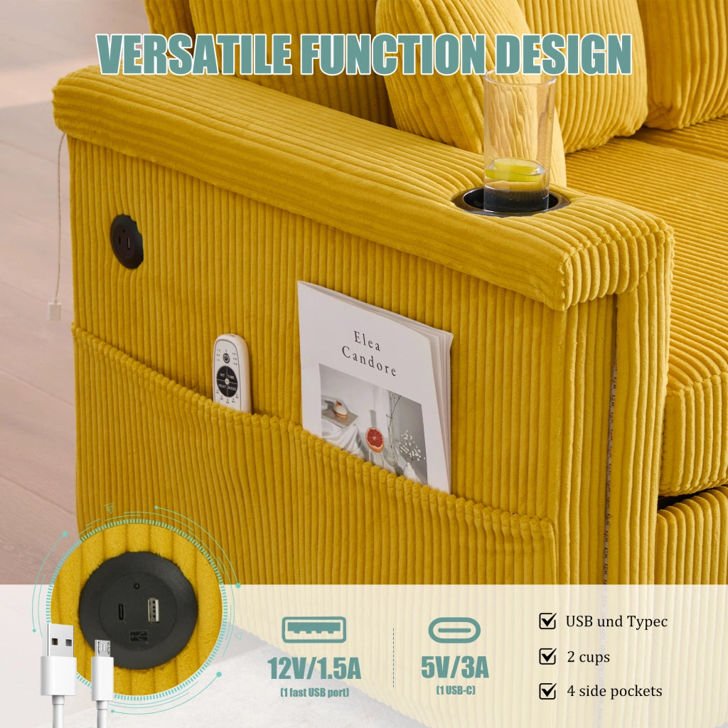Divano in Velluto con LED, USB-C, Contenitore e Portabicchieri ¨C MINIMAL ¨C Giallo Senape