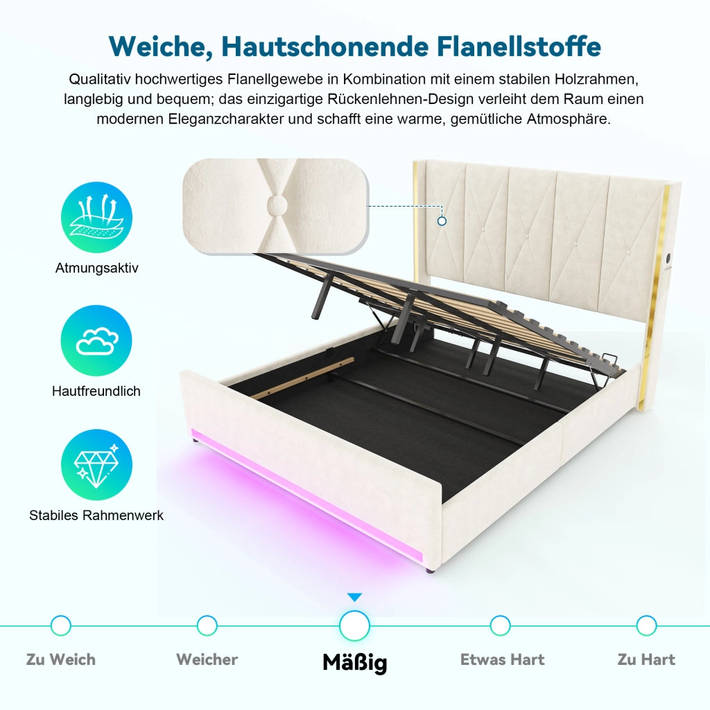 LETTO imbottito 180x200 cm in velluto beige con USB, LED e contenitore