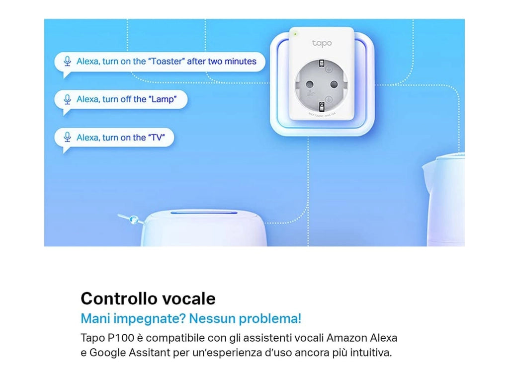 Presa Intelligente WiFi Smart Plug Compatibile con Alexa e Google Home Controllo Remoto tramite APP TP-Link Tapo P100 10A 2300W