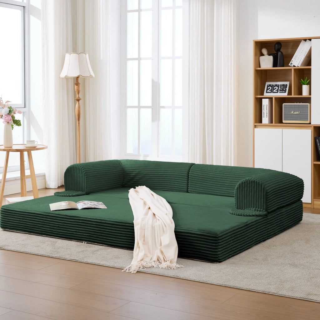 Divano letto convertibile 2 posti in tessuto corduroy con seduta imbottita e braccioli, design salvaspazio verde