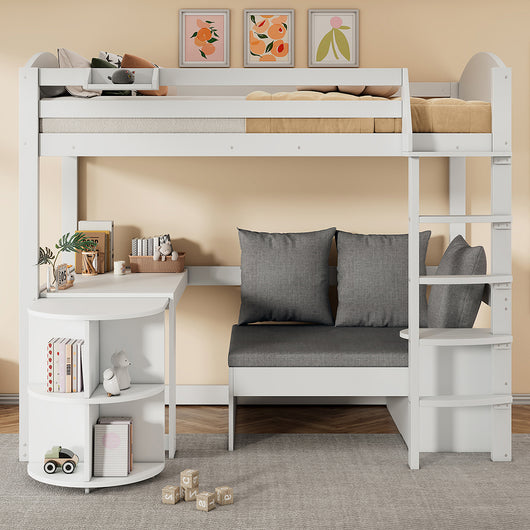 Letto a soppalco 90x200 cm - Xylo - Scala, tavolo estensibile, divano, tre cuscini, scaffali di stoccaggio, bianco