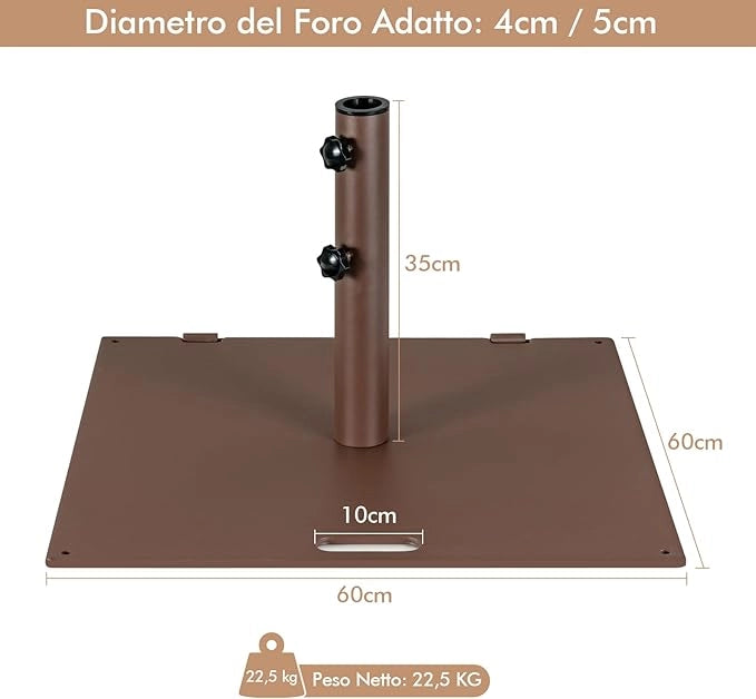 Base per Ombrellone da Giardino 22,5 KG, Base Ombrellone Quadrata da Esterno 60 CM con Adattatori 4/5CM 2 Ruote 2 Manopole e Impugnatura, Supporto per Ombrellone da Giardino Terrazzo Esterno