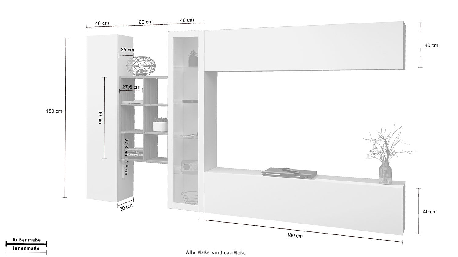 Parete Attrezzata Soggiorno 340x30x180 cm Maruska n°14 Bianco Lucido/Rovere Wotan