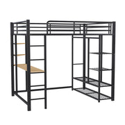 Letto a soppalco matrimoniale 140×200 cm con scrivania; scala; ripiani e armadio; senza materasso; metallo; nero