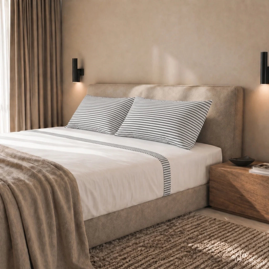 Set Lenzuola Letto Una Piazza e Mezza in Puro Cotone | Completo Letto 1 Piazza e Mezza | Lenzuolo con angoli, Lenzuolo Piano e 1 Federa | Lenzuola in Cotone con Balza a Righe Grigio