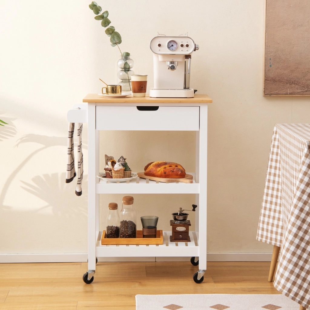 Carrello cucina con ruote cassetto piano in bamb¨´, Isola portaoggetti da bar cucina sala da pranzo Bianco-Carrelli