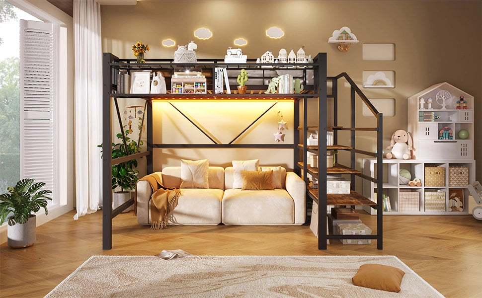 LETTO a soppalco 140x200 cm in metallo e MDF nero con scala e LED