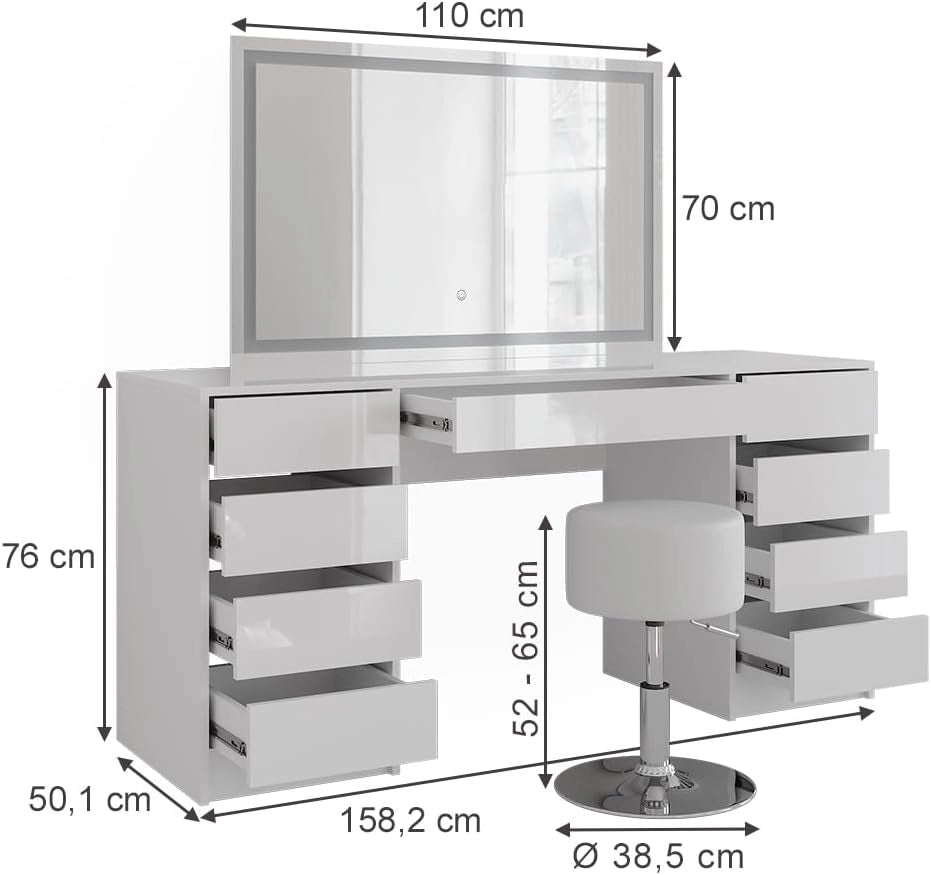 Tavolo da toeletta Sherry, Bianco/bianco lucido, 158.2 cm con specchio LED e sgabello