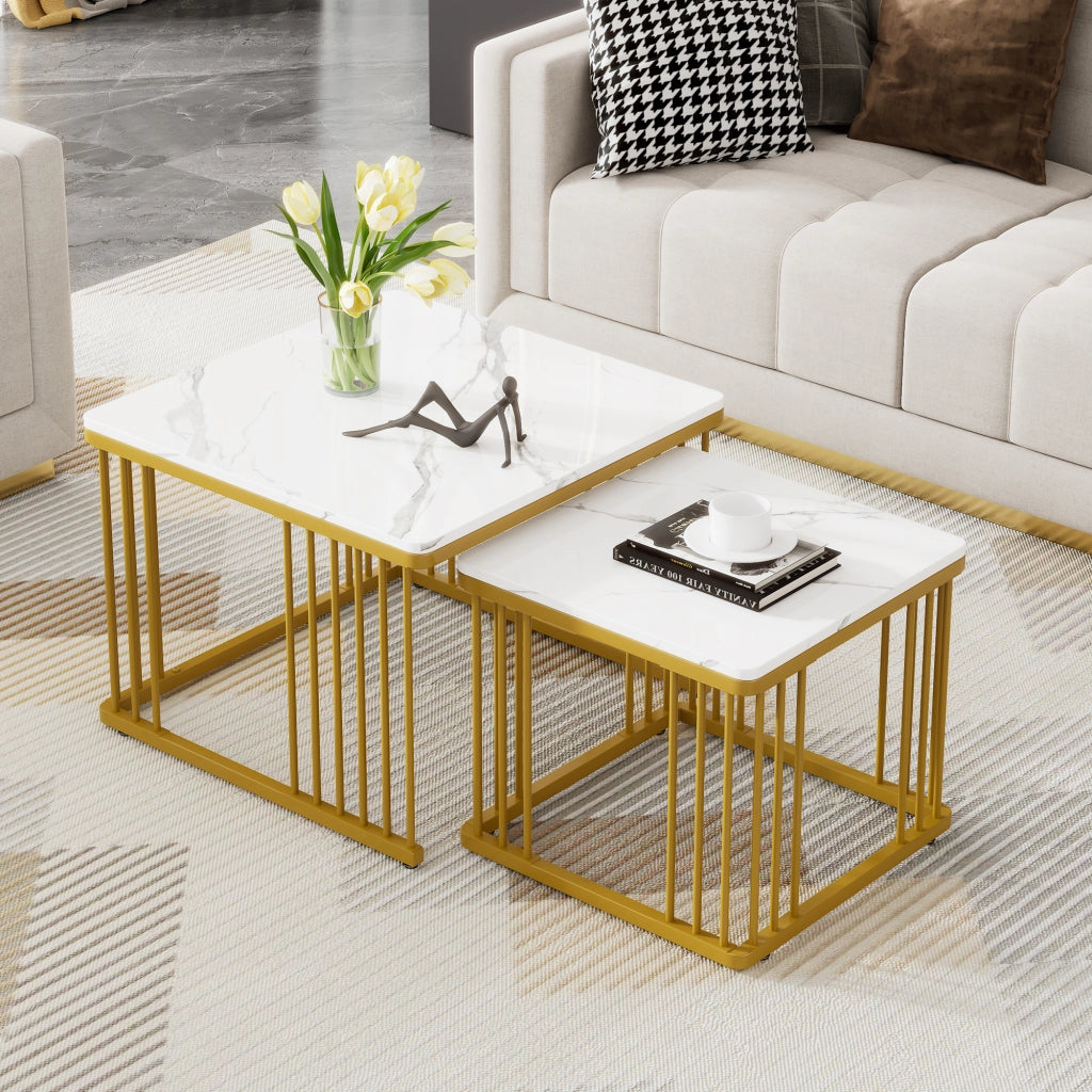 TAVOLINO DA CAFFÈ Quadrato Set 2 pezzi 60x60/45x45 cm Effetto Marmo Bianco Oro