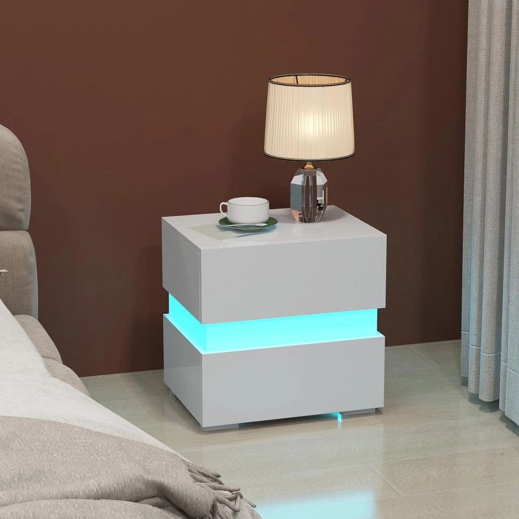 Tavolino a LED, Tavolino con Cassetto, Telecomando, 22 Modalità di Luce, 10 Velocità e 5 Luminosità, Comodino Moderno da Salotto e Camera da Letto (2, Bianco)