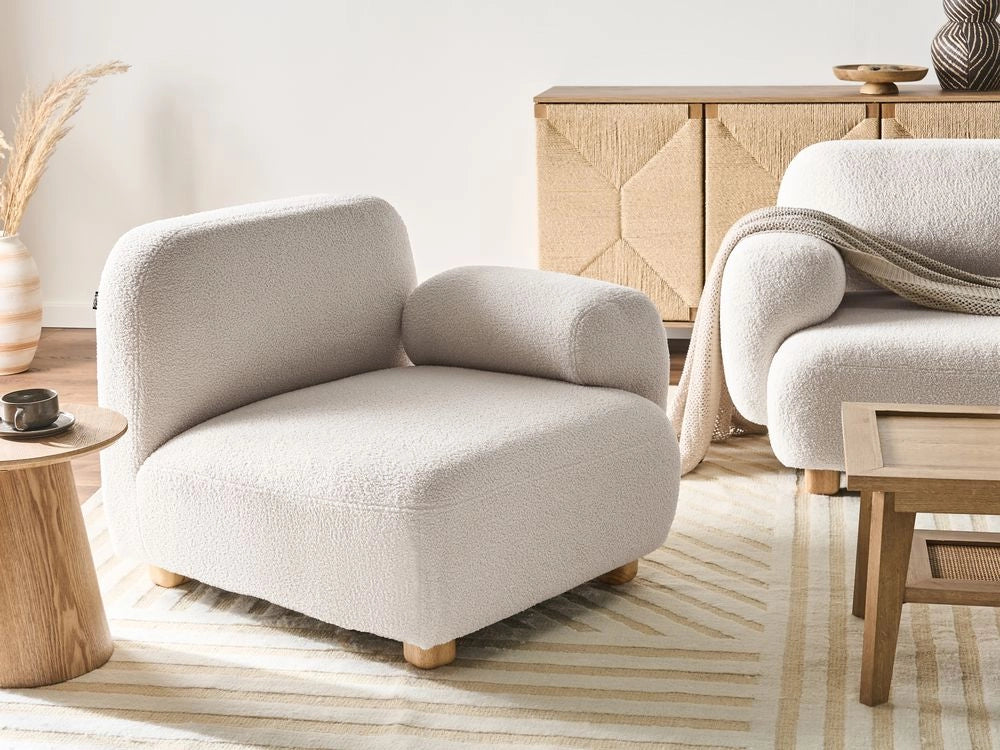 Modulo divano angolare Boucle a 1 posto, lato sinistro, in legno bianco sporco, con gambe in legno, moderno, monoposto