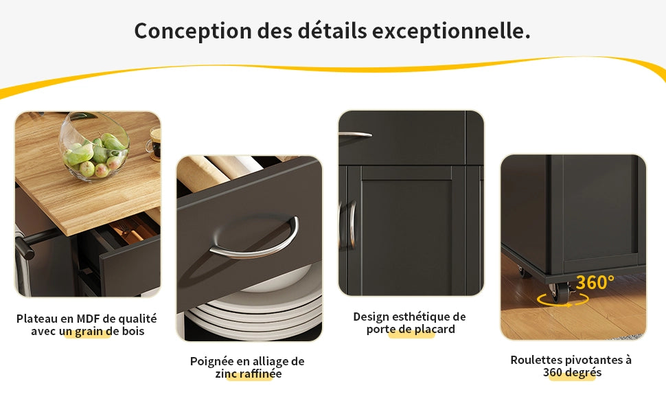 Isola da Cucina Multifunzionale ¨C MINIMAL ¨C Nero, Piano in Legno, 106x50x90.5cm